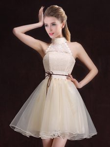 Great Halter Top Champagne Sleeveless Organza Lace Up Bridesmaid Gown for Prom and Party and Wedding Party