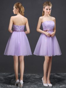 Sleeveless Lace Up Mini Length Lace and Belt Bridesmaids Dress