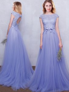 Fabulous Brush Train Empire Bridesmaid Gown Lavender Scoop Tulle Cap Sleeves With Train Backless