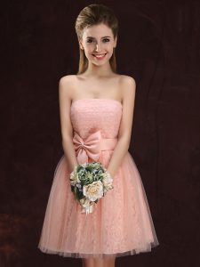 Peach Sleeveless Mini Length Lace and Bowknot Lace Up Wedding Party Dress