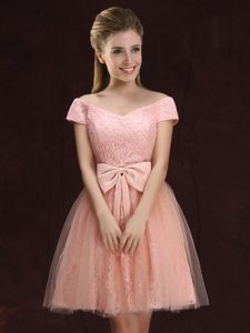 Sexy Peach A-line Off The Shoulder Short Sleeves Tulle and Lace Mini Length Lace Up Lace and Bowknot Wedding Guest Dress
