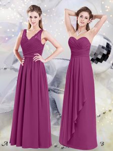 Fantastic Fuchsia Empire Lace and Ruching Wedding Party Dress Side Zipper Chiffon Sleeveless Floor Length