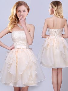 Champagne Strapless Lace Up Lace and Ruffles and Belt Wedding Guest Dresses Sleeveless