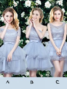 Best Grey A-line Off The Shoulder Sleeveless Organza Mini Length Lace Up Lace and Ruffles and Belt Wedding Party Dress