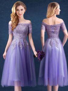 Colorful Lavender Empire Tulle Off The Shoulder Short Sleeves Beading and Lace Tea Length Zipper Bridesmaid Gown