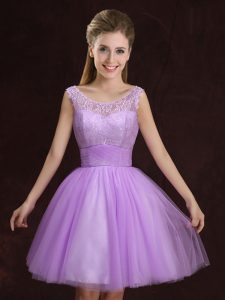 Eye-catching Scoop Sleeveless Lace Up Bridesmaid Gown Lilac Tulle