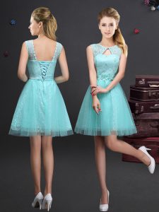 Custom Made Scoop Mini Length Aqua Blue Bridesmaids Dress Tulle Sleeveless Lace and Appliques and Belt