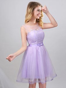 Scoop Sleeveless Wedding Guest Dresses Mini Length Lace and Appliques and Belt Lavender Tulle