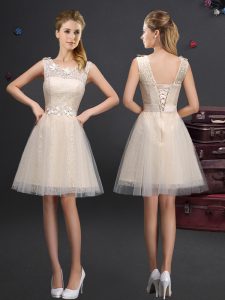 Custom Designed Scoop Sleeveless Bridesmaid Dress Mini Length Lace and Appliques and Belt Champagne Tulle