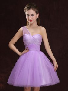 Admirable Lilac Lace Up One Shoulder Lace and Ruching Wedding Party Dress Tulle Sleeveless