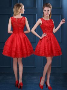Simple Red Scoop Neckline Lace and Ruffled Layers Bridesmaid Dress Sleeveless Zipper
