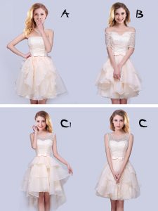 Admirable A-line Wedding Party Dress Champagne Strapless Organza Sleeveless Mini Length Lace Up