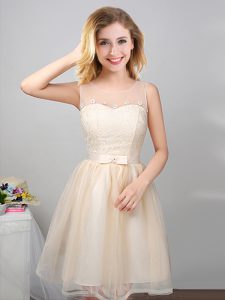 Mini Length Champagne Bridesmaid Dress Scoop Sleeveless Lace Up