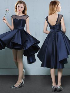 Appliques Bridesmaid Gown Navy Blue Lace Up Cap Sleeves High Low