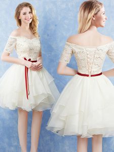 Delicate Off the Shoulder Mini Length Champagne Wedding Party Dress Organza Short Sleeves Lace and Ruffles and Belt