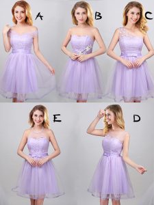 Fancy Off the Shoulder Lavender Lace Up Bridesmaid Dress Lace and Appliques and Belt Sleeveless Mini Length