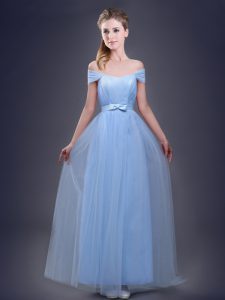 Off the Shoulder Floor Length Lace Up Bridesmaids Dress Light Blue for Prom and Party and Wedding Party with Ruching and