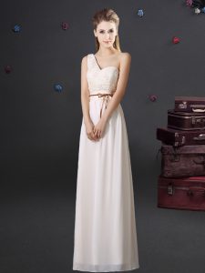Beauteous One Shoulder Lace and Appliques and Belt Bridesmaid Gown White Lace Up Sleeveless Floor Length