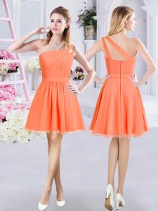 One Shoulder Ruching Bridesmaid Gown Orange Zipper Sleeveless Mini Length