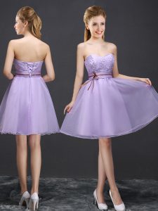 Smart Mini Length A-line Sleeveless Lavender Bridesmaid Dress Lace Up