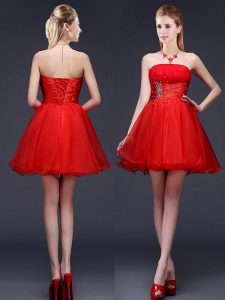 Adorable Strapless Sleeveless Lace Up Bridesmaid Gown Red Organza