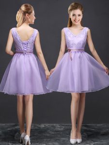 Mini Length Lace Up Bridesmaids Dress Lavender for Prom and Party and Wedding Party with Lace and Appliques and Belt