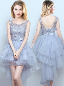 Scoop High Low Grey Wedding Party Dress Organza and Lace Sleeveless Lace and Ruffles and Belt