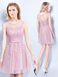 Scoop Mini Length Lace Up Wedding Guest Dresses Pink for Prom and Party and Wedding Party with Appliques and Belt