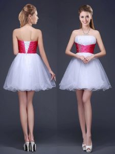 Strapless Sleeveless Wedding Guest Dresses Mini Length Beading and Ruching and Belt White Organza