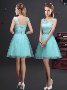 Graceful A-line Bridesmaid Gown Aqua Blue Scoop Tulle Sleeveless Mini Length Lace Up