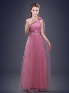 One Shoulder Floor Length Lace Up Bridesmaid Dress Pink for Prom and Party and Wedding Party with Beading and Ruching an