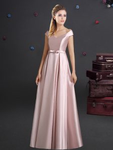 Simple Pink Off The Shoulder Neckline Bowknot Bridesmaid Gown Cap Sleeves Zipper
