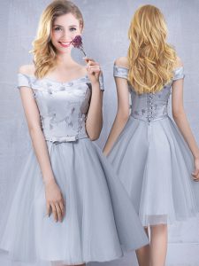 Knee Length Grey Bridesmaid Dress Off The Shoulder Sleeveless Lace Up