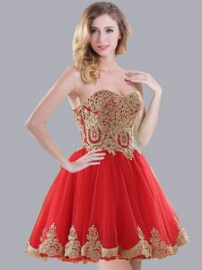 Best Red A-line Appliques Bridesmaids Dress Lace Up Tulle Sleeveless Mini Length