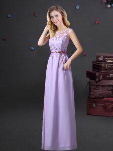Fitting Scoop See Through Lavender Chiffon Lace Up Wedding Party Dress Sleeveless Floor Length Lace and Appliques and Be