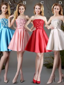 Red and Baby Blue and Champagne Satin Lace Up Strapless Sleeveless Mini Length Bridesmaid Dress Appliques and Bowknot