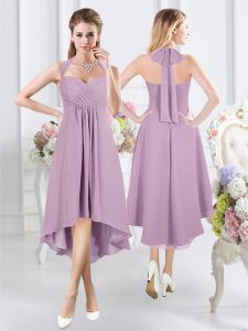 Low Price Halter Top Lavender Zipper Bridesmaid Gown Ruching Sleeveless Knee Length
