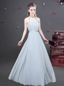 Halter Top Floor Length Grey Bridesmaid Dress Chiffon Sleeveless Ruching