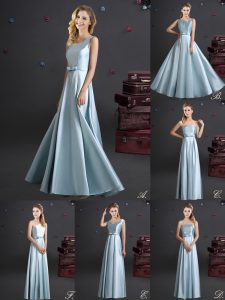 Elegant Square Light Blue Sleeveless Elastic Woven Satin Zipper Wedding Party Dress for Prom and Party and Wedding Party