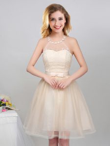 Halter Top Sleeveless Tulle Bridesmaid Dress Lace and Appliques and Belt Lace Up