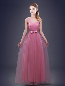 Straps Floor Length Pink Bridesmaids Dress Tulle Sleeveless Ruching and Bowknot