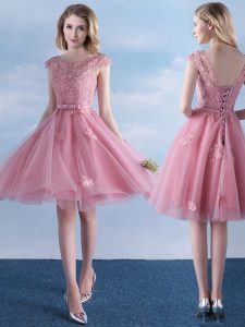 Scoop Cap Sleeves Bridesmaid Dresses Knee Length Appliques and Belt Pink Tulle
