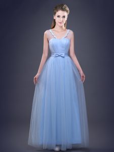 Floor Length Light Blue Wedding Party Dress V-neck Sleeveless Lace Up