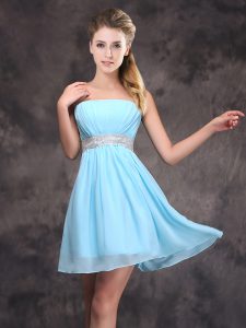 Elegant Baby Blue Chiffon Zipper Strapless Sleeveless Mini Length Wedding Guest Dresses Sequins and Ruching