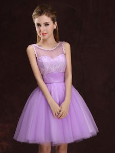 Custom Designed Scoop Sleeveless Mini Length Lace and Ruching Lace Up Bridesmaids Dress with Lilac