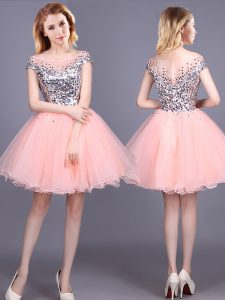 Super Mini Length Pink Bridesmaid Dress Tulle Short Sleeves Sequins