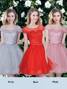 Scoop Red and Pink and Grey Short Sleeves Tulle Lace Up Bridesmaid Dresses for Prom and Party and Wedding Party