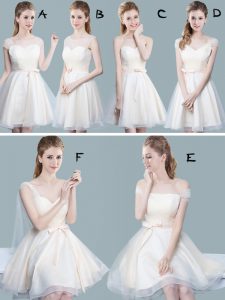 Champagne Zipper Straps Ruching and Bowknot Wedding Guest Dresses Tulle Cap Sleeves