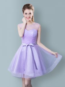 High End Lavender Empire Tulle Scoop Sleeveless Ruching and Bowknot Knee Length Zipper Bridesmaid Dress