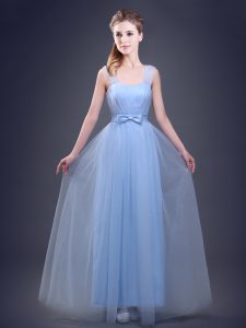 Straps Light Blue Lace Up Bridesmaids Dress Ruching and Bowknot Sleeveless Floor Length
